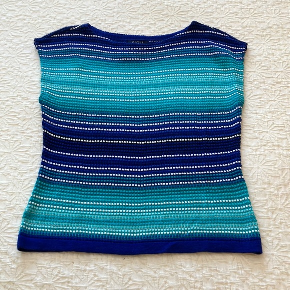 Chaps knit sleeveless top with rounded neckline in shades of teal blue & white - Picture 2 of 14